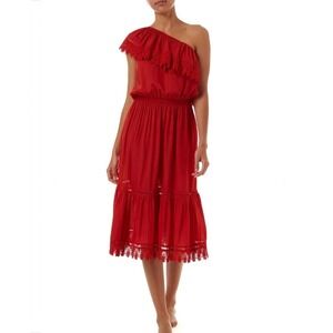 Melissa Odabash Red One Shoulder Lace Trimmed Holiday Vacation Midi Dress Size M